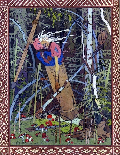 Illustration of Baba Yaga flying in a mortar