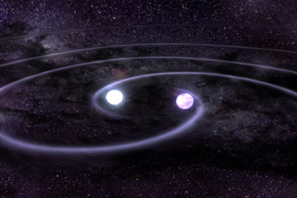 Two white dwarf stars orbiting each other in space.