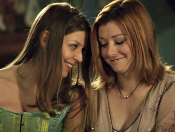 Tara (left) and Willow were the first lesbian couple to share a kiss on TV in Buffy the Vampire Slayer.