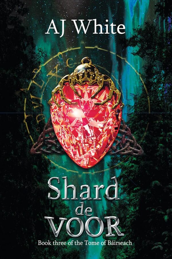 Cover - Shard de Voor by AJ White - A drop-shaped red crystal topped by a golden spider and surrounded by hold runes, over a green straited background